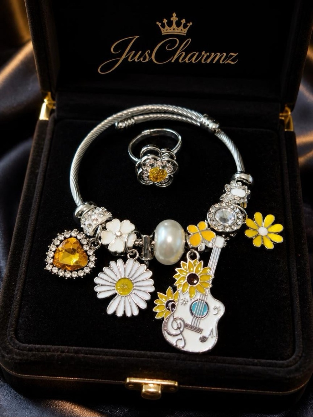 Yellow Daisy & Guitar Charm Bracelet with Matching Ring